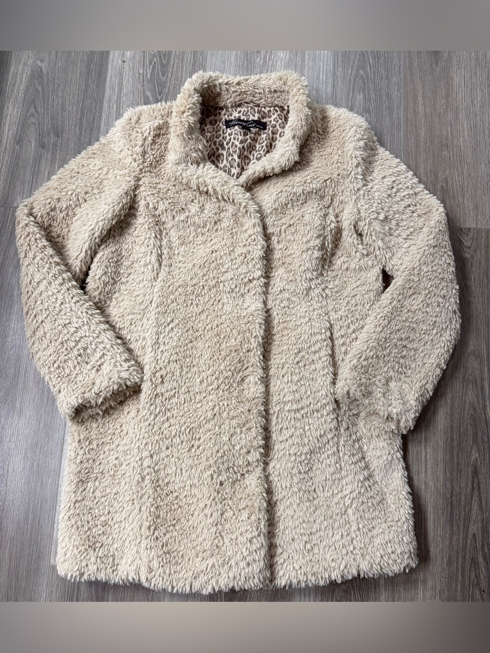 Kenneth Cole Faux Fur Teddy Coat | Cream Leopard Lining | M